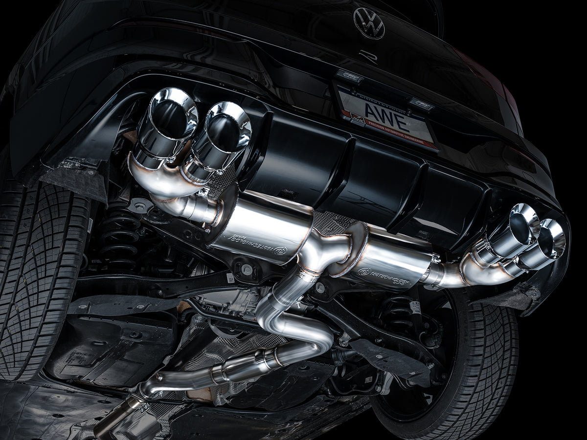 AWE MK8 Volkswagen Golf R 3in Touring Edition Quad Exhaust - Chrome Silver Tips - 3015-42658