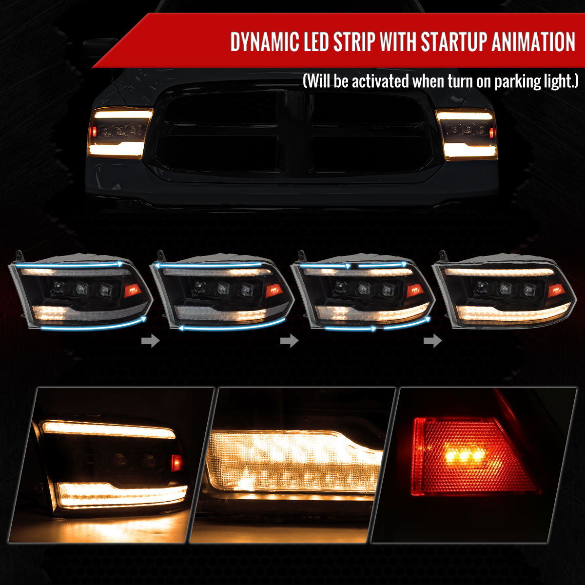 Spec-D Tuning - 2009-2018 Dodge RAM 1500 / 2019 RAM Classic / 2010-2018 RAM 2500 3500 Projector Headlights w/ Amber LED Sequential Turn Signal (Matte Black Housing/Clear Lens) - 4LHE-RAM09JM-SQ-RS
