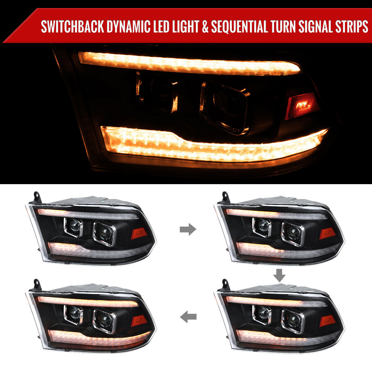 Spec-D Tuning - 2009-2018 Dodge RAM 1500  / 2019-2021 RAM Classic / 2010-2018 RAM 2500 3500 Projector Headlights w/ Amber LED Sequential Turn Signal (Matte Black Housing/Clear Lens) - 4LHP-RAM09JMG7-SQ-RS