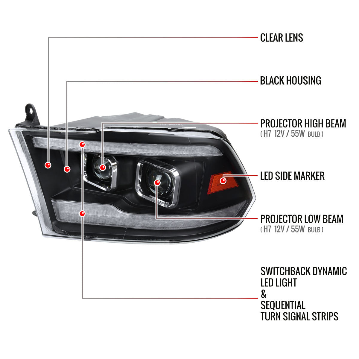 Spec-D Tuning - 2009-2018 Dodge RAM 1500  / 2019-2021 RAM Classic / 2010-2018 RAM 2500 3500 Projector Headlights w/ Amber LED Sequential Turn Signal (Matte Black Housing/Clear Lens) - 4LHP-RAM09JMG7-SQ-RS