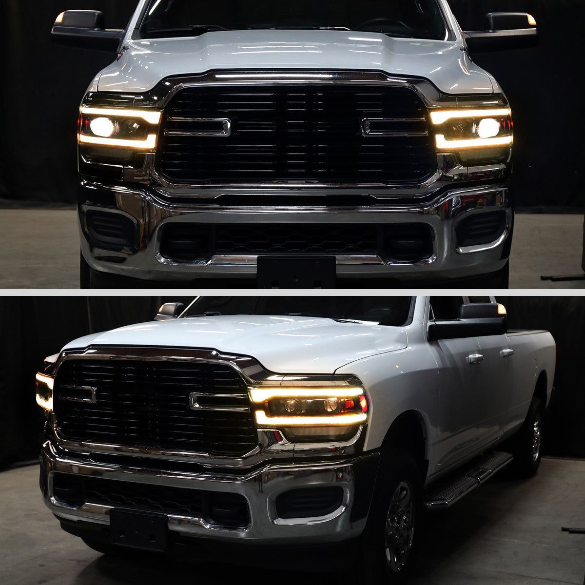 Spec-D Tuning - 2019-2024 Dodge RAM 2500/3500/4500/5500 Projector Headlights w/ Amber LED Sequential Turn Signal & Starup Animation (Matte Black Housing/Clear Lens) - 4LHP-RAM1925JM-SQ-RS