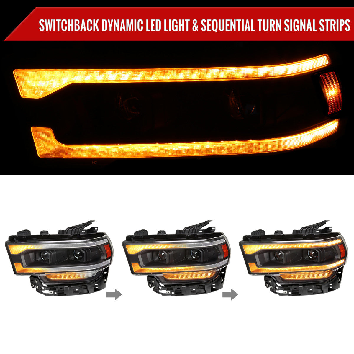 Spec-D Tuning - 2019-2024 Dodge RAM 2500/3500/4500/5500 Projector Headlights w/ Amber LED Sequential Turn Signal & Starup Animation (Matte Black Housing/Clear Lens) - 4LHP-RAM1925JM-SQ-RS