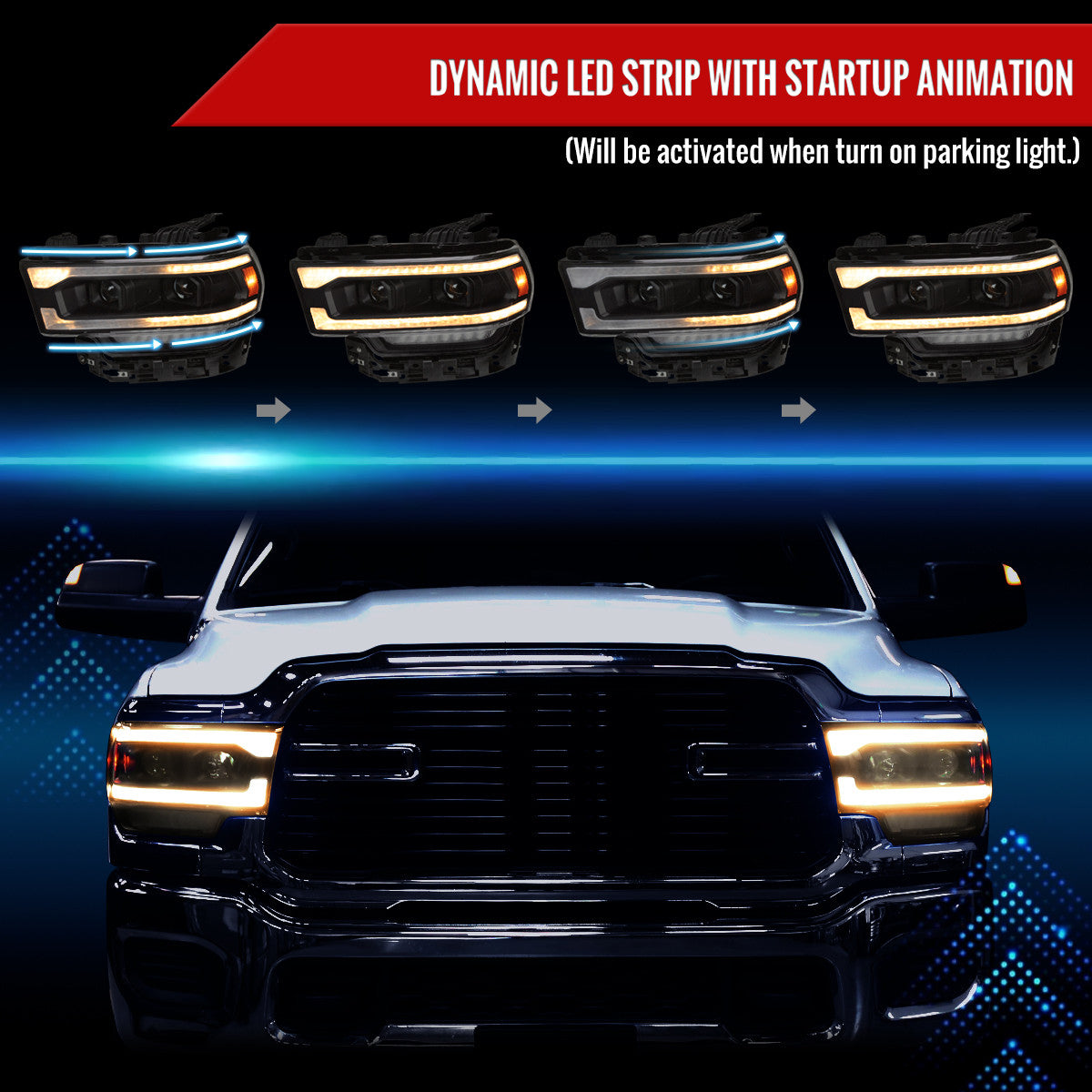 Spec-D Tuning - 2019-2024 Dodge RAM 2500/3500/4500/5500 Projector Headlights w/ Amber LED Sequential Turn Signal & Starup Animation (Matte Black Housing/Clear Lens) - 4LHP-RAM1925JM-SQ-RS