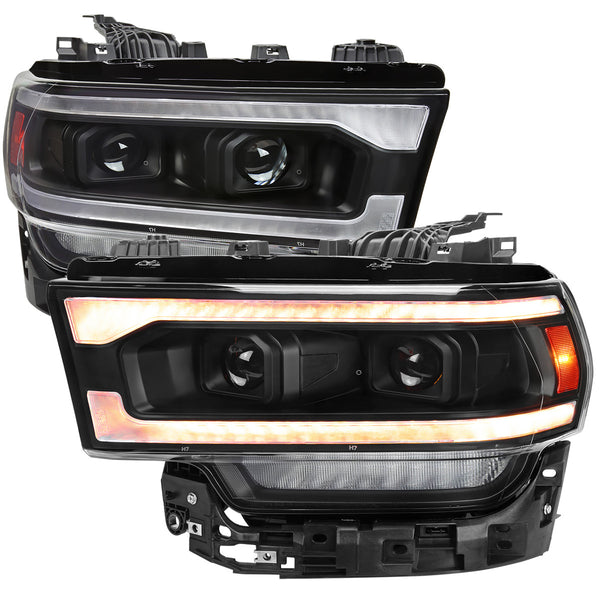 Spec-D Tuning - 2019-2024 Dodge RAM 2500/3500/4500/5500 Projector Headlights w/ Amber LED Sequential Turn Signal & Starup Animation (Matte Black Housing/Clear Lens) - 4LHP-RAM1925JM-SQ-RS