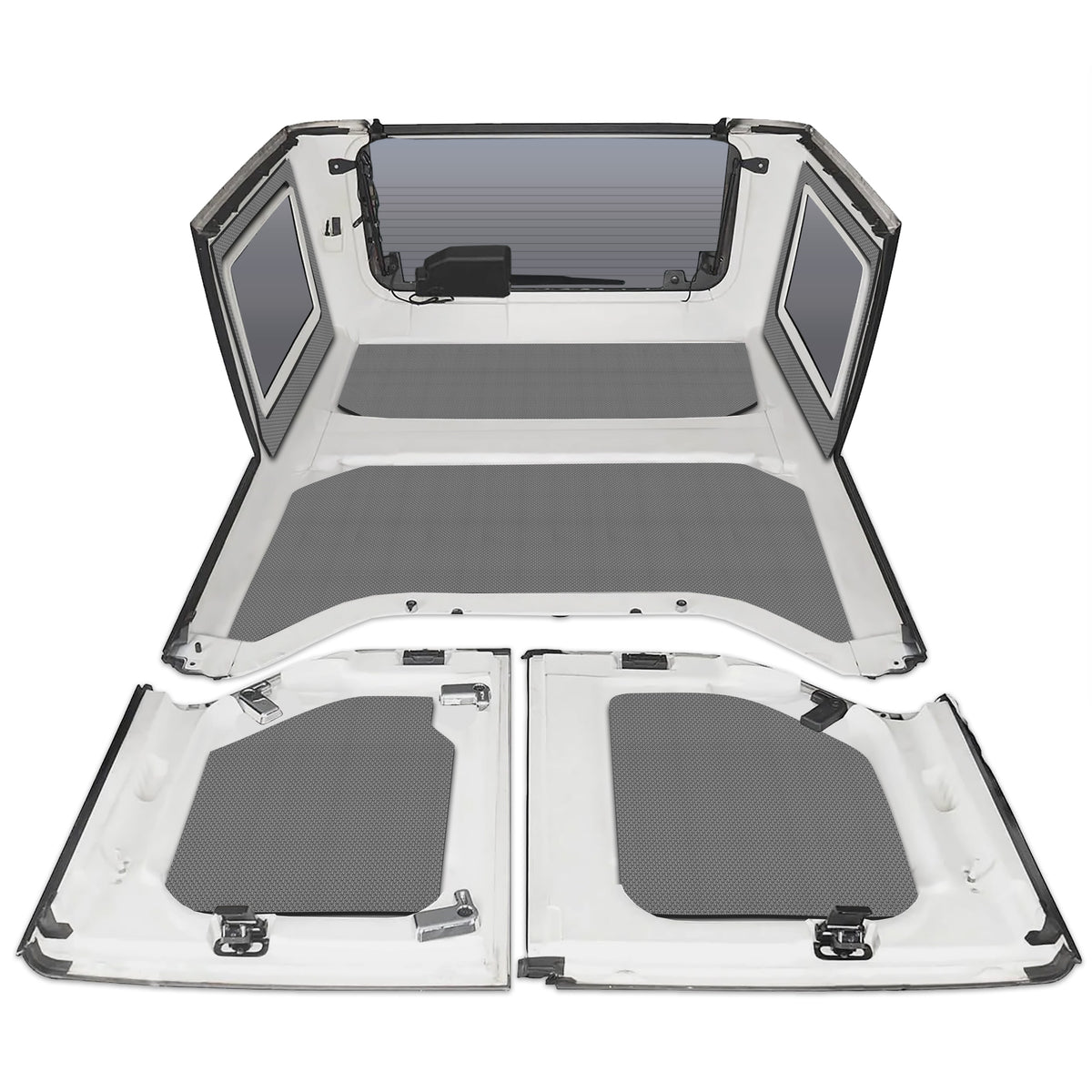 DEI 11-18 Jeep Wrangler JK 4-Door Boom Mat Complete Headliner Kit - 6 Piece - Gray - 50291 for 2011-2018 Jeep Wrangler - fron