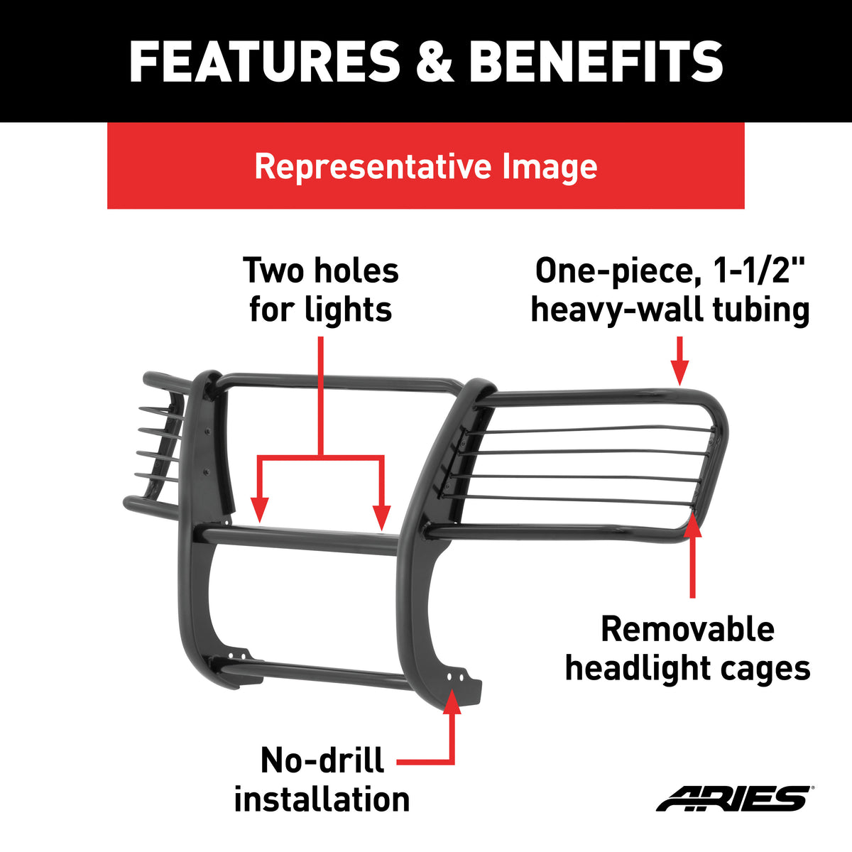 ARIES 5061 1-1/2-Inch Black Steel Grille Guard, No-Drill, Fits Select Ram 1500