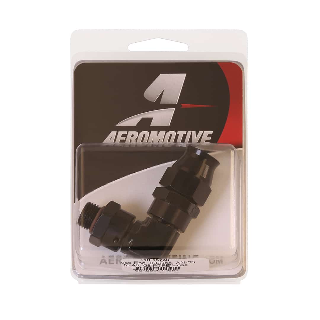 Aeromotive PTFE Hose End - AN-06 to AN-08 Hose - 90 Deg - Black Anodized - 15736