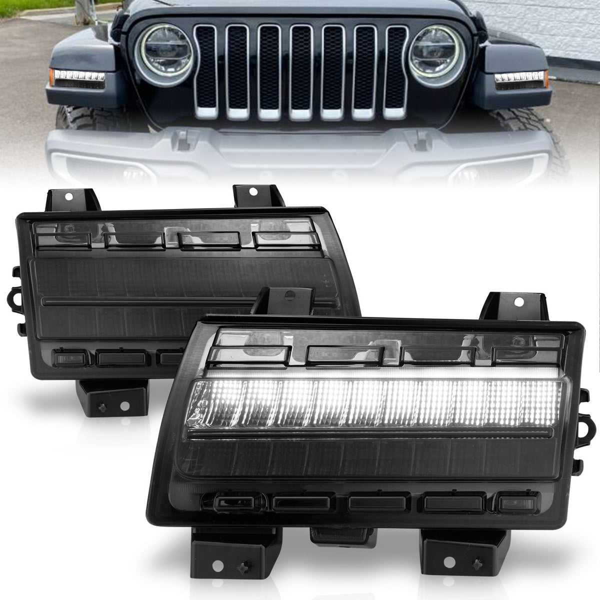 ANZO 2018-2021 Jeep Wrangler LED Side Markers Chrome Housing Smoke Lens w/ Seq. Signal Low Config - 511087 for 2018-2025 Jeep