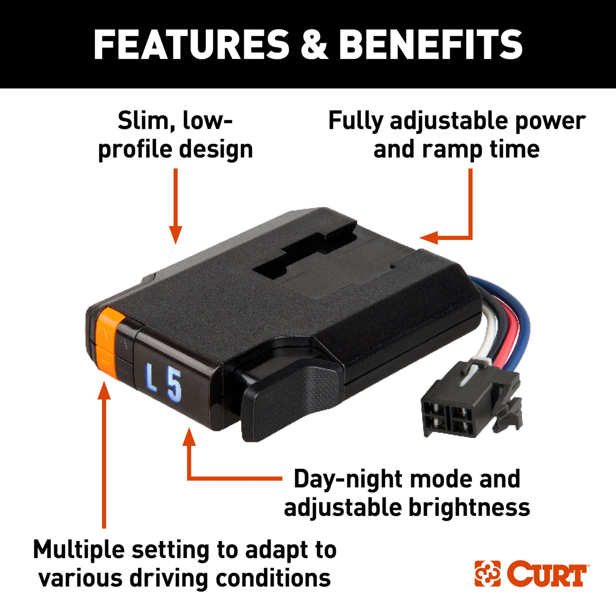 CURT 51126 Discovery NEXT Electric Trailer Brake Controller, Time-Delay, Fully Adjustable, Low Profile, 2-4 Axles, Plug-and-Play