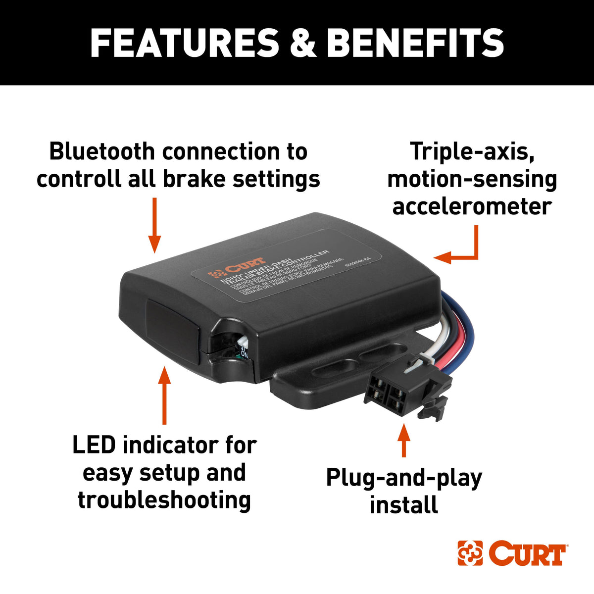 CURT 51190 Echo Under-Dash Electric Trailer Brake Controller with Bluetooth® Enabled Smartphone Connection, Proportional