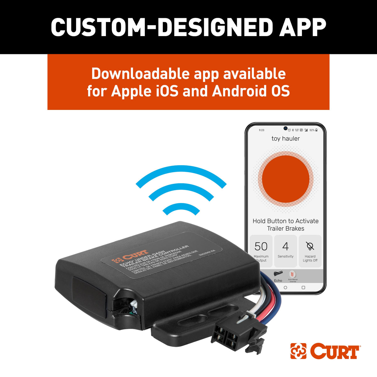 CURT 51190 Echo Under-Dash Electric Trailer Brake Controller with Bluetooth® Enabled Smartphone Connection, Proportional