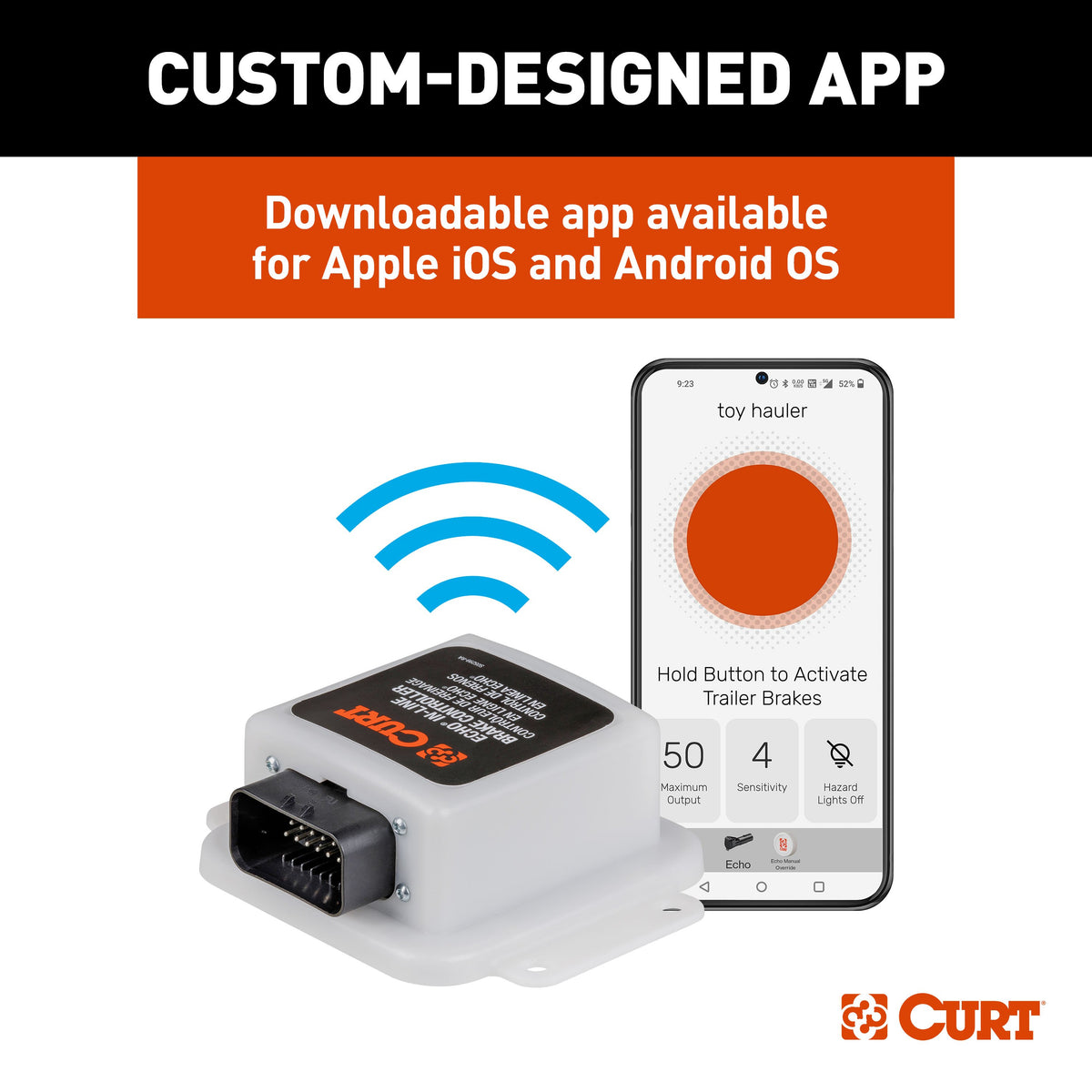 CURT 51200 Echo In-Line Electric Trailer Brake Controller with Bluetooth® Enabled Smartphone Connection, Proportional