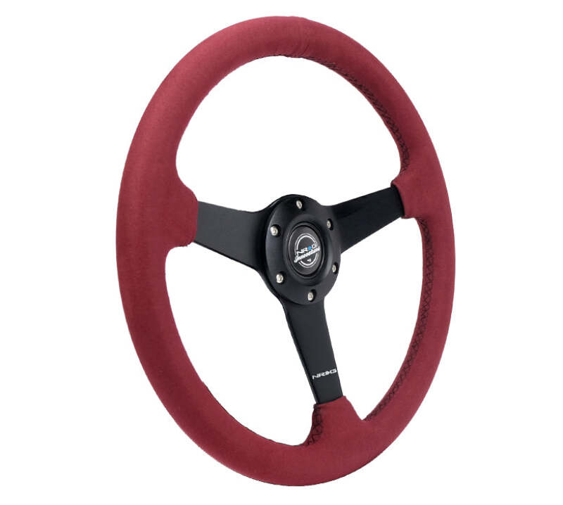 NRG Sport Wheel (350mm) 3 Solid Spokes - 1.5in Deep - Burgundy - Micro Suede - Black Stitching - RST-037MB-BUA - close-up view 2