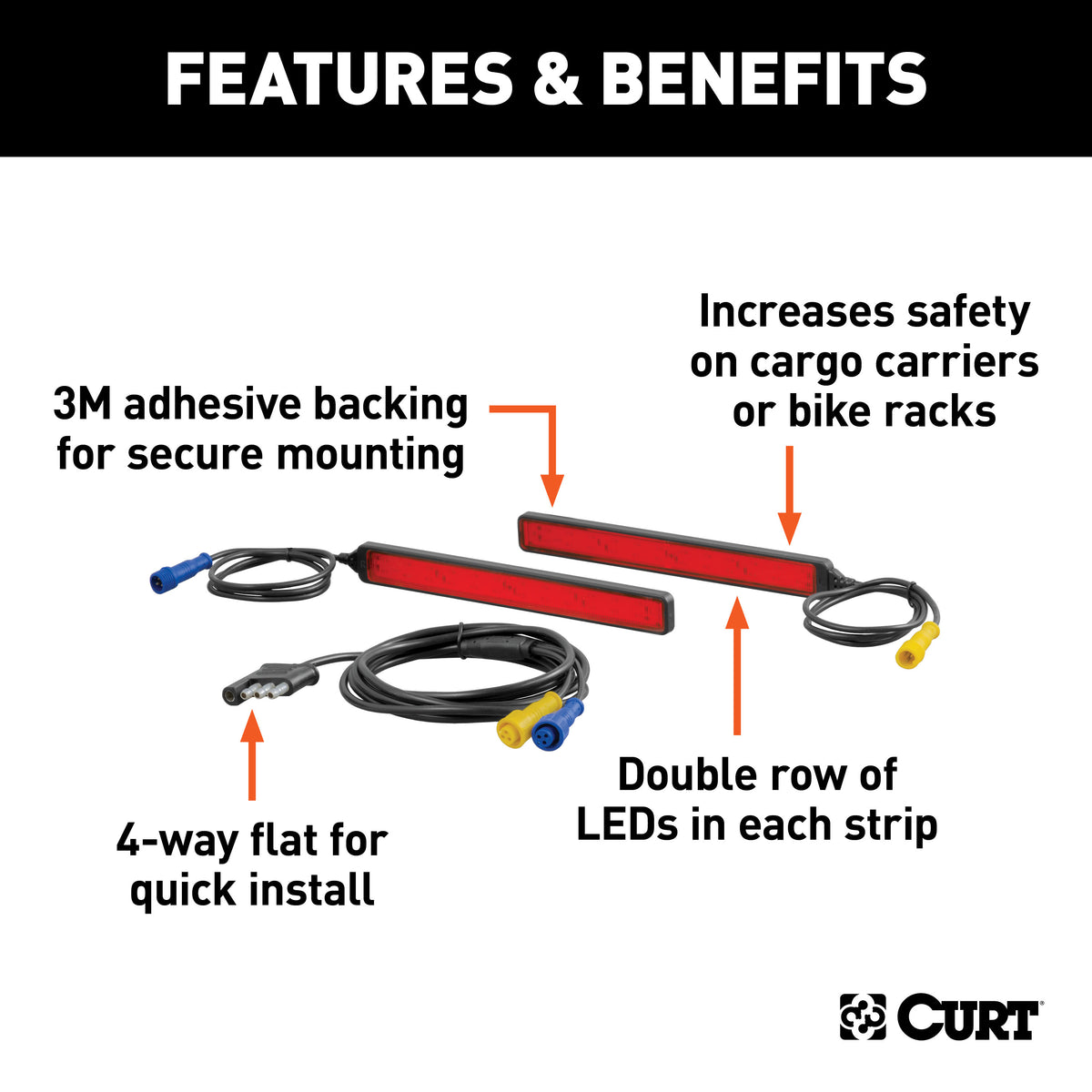 CURT 53201 Auxiliary Automotive LED Light Strips for Hitch Cargo Carrier, Bike Rack, 2-Pack