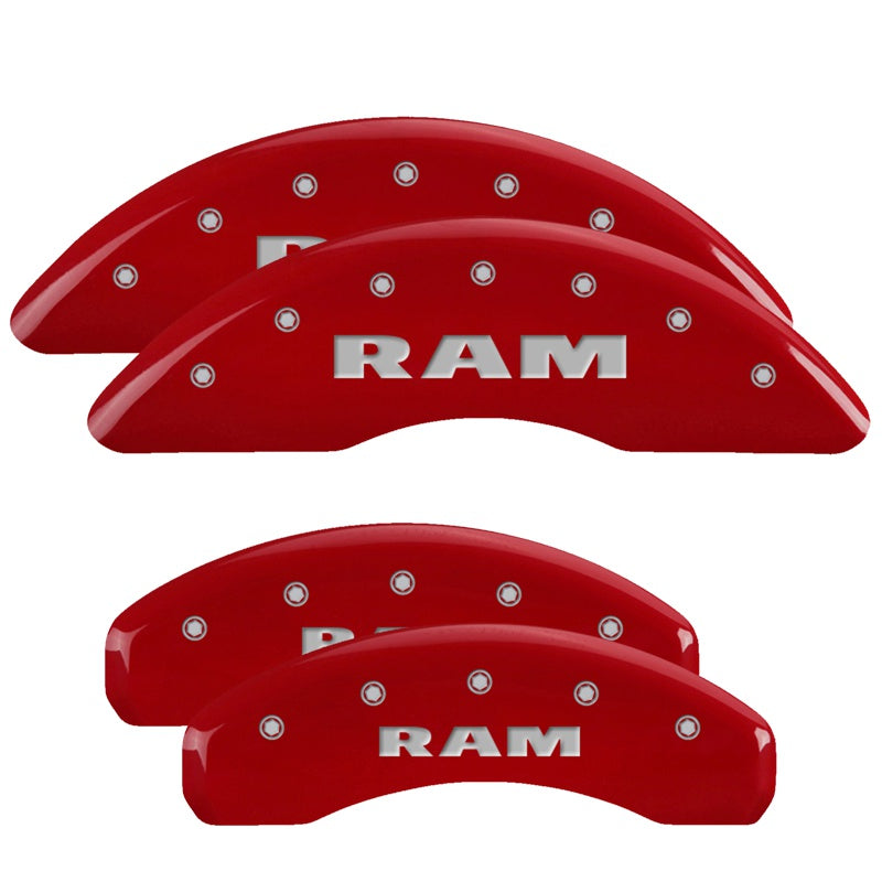 MGP 4 Caliper Covers Engraved Front &amp; Rear 2019 Ram 1500 Red Finish Silver RAM Logo - 55006SRAMRD