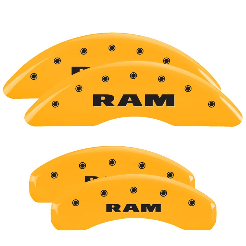 MGP 4 Caliper Covers Engraved Front &amp; Rear 2019 Ram 1500 Yellow Finish Black RAM Logo - 55006SRAMYL