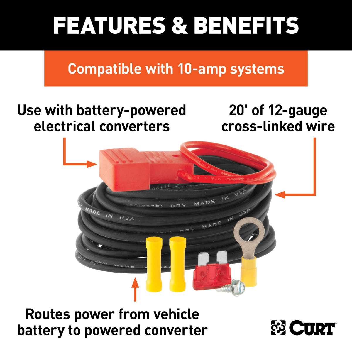 CURT 55151 Powered Converter Wiring Kit for Tail Light Converter, 10 Amps
