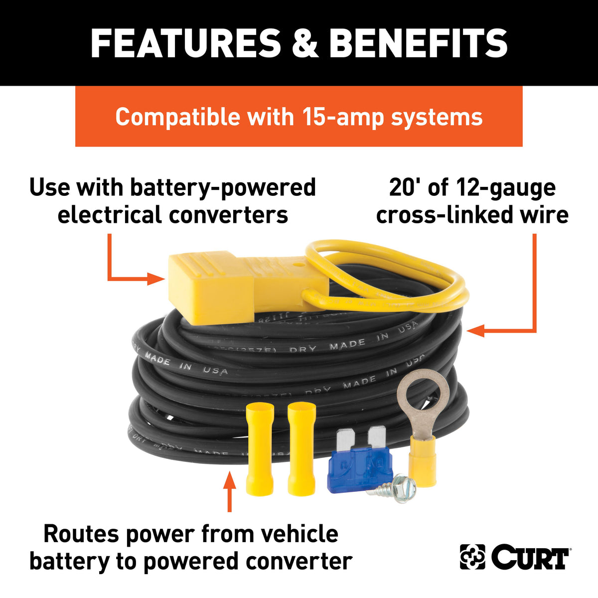 CURT 55152 Powered Converter Wiring Kit for Tail Light Converter, 15 Amps
