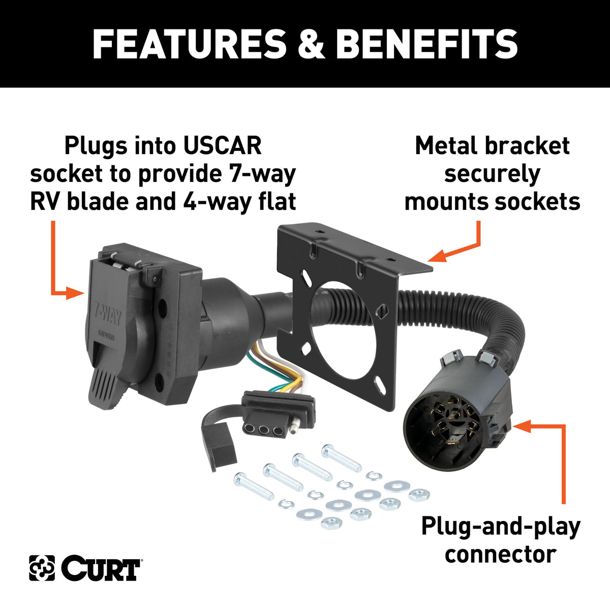 CURT 55774 Dual-Output Vehicle-Side 7-Pin, 4-Pin Connectors, Factory Tow Package and USCAR Socket Required