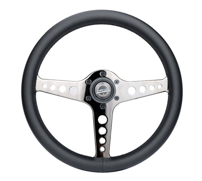 NRG Light Weight Gaming Steering Wheel - Driftz 350mm 3 Black Chrome Spokes Perforated Leather - ST-034BC-PR - front view