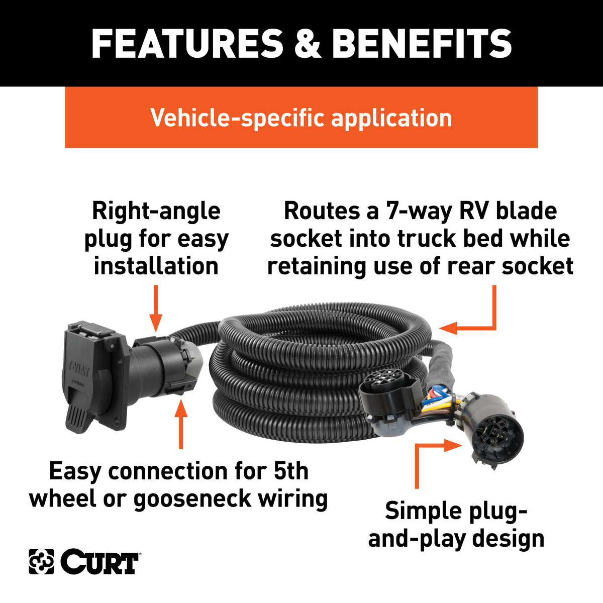 CURT 56000010 10-Foot Vehicle-Side Truck Bed 7-Pin Trailer Wiring Harness Extensions, Select Chevy, Dodge, Ford, GMC, Nissan, Ram, Toyota, 10-Pk