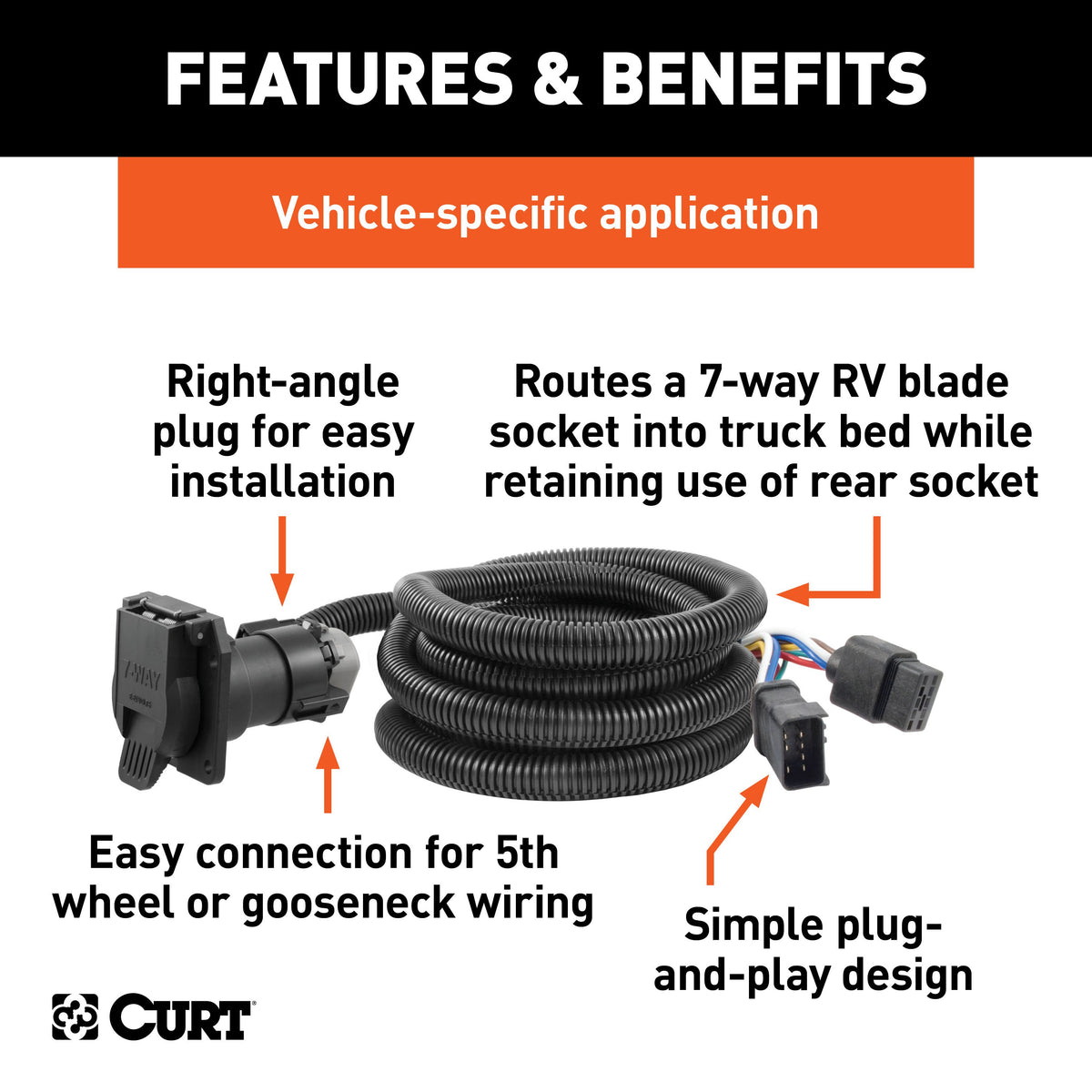 CURT 56001 10-Foot Vehicle-Side Truck Bed 7-Pin Trailer Wiring Harness Extension, Select Dodge Ram 1500, 2500, 3500, Dakota