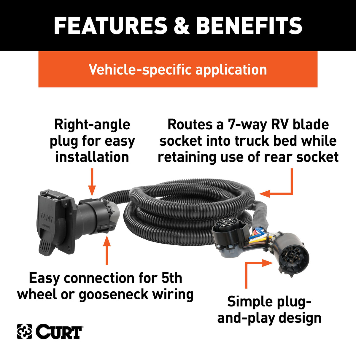 CURT 56070 7-Foot Vehicle-Side Truck Bed 7-Pin Trailer Wiring Harness Extension, Select Chevrolet, Dodge, Ford, GMC, Nissan, Ram, Toyota