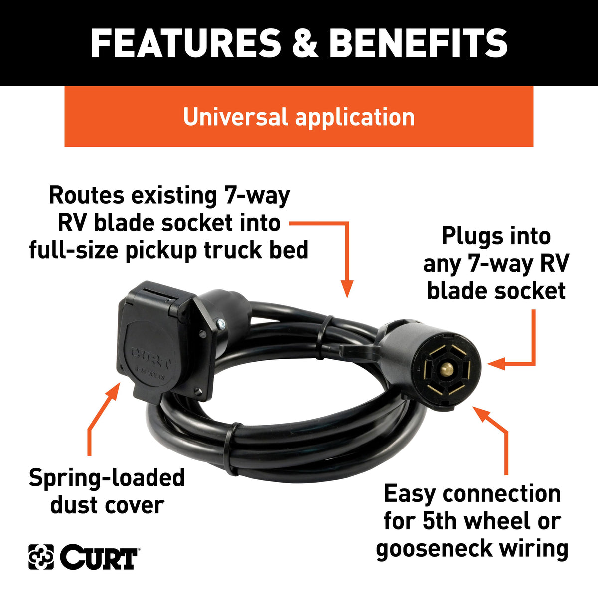 CURT 56080 7-Foot Vehicle-Side Truck Bed 7-Pin Trailer Wiring Harness Extension