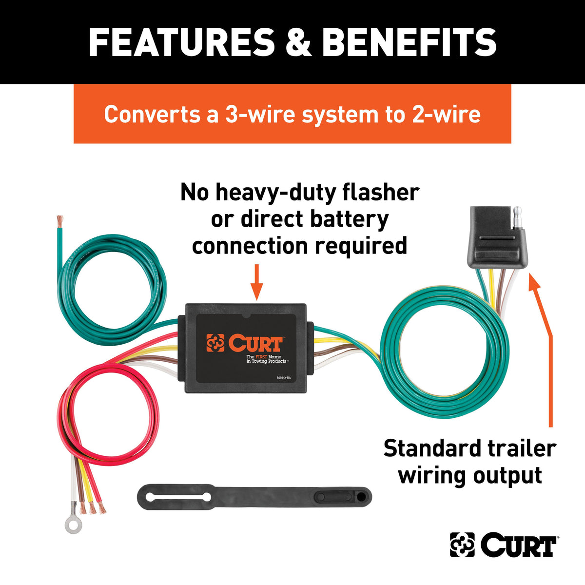 CURT 56175 Non-Powered 3-to-2-Wire Splice-in Tail Light Converter, 4-Pin Wiring Harness