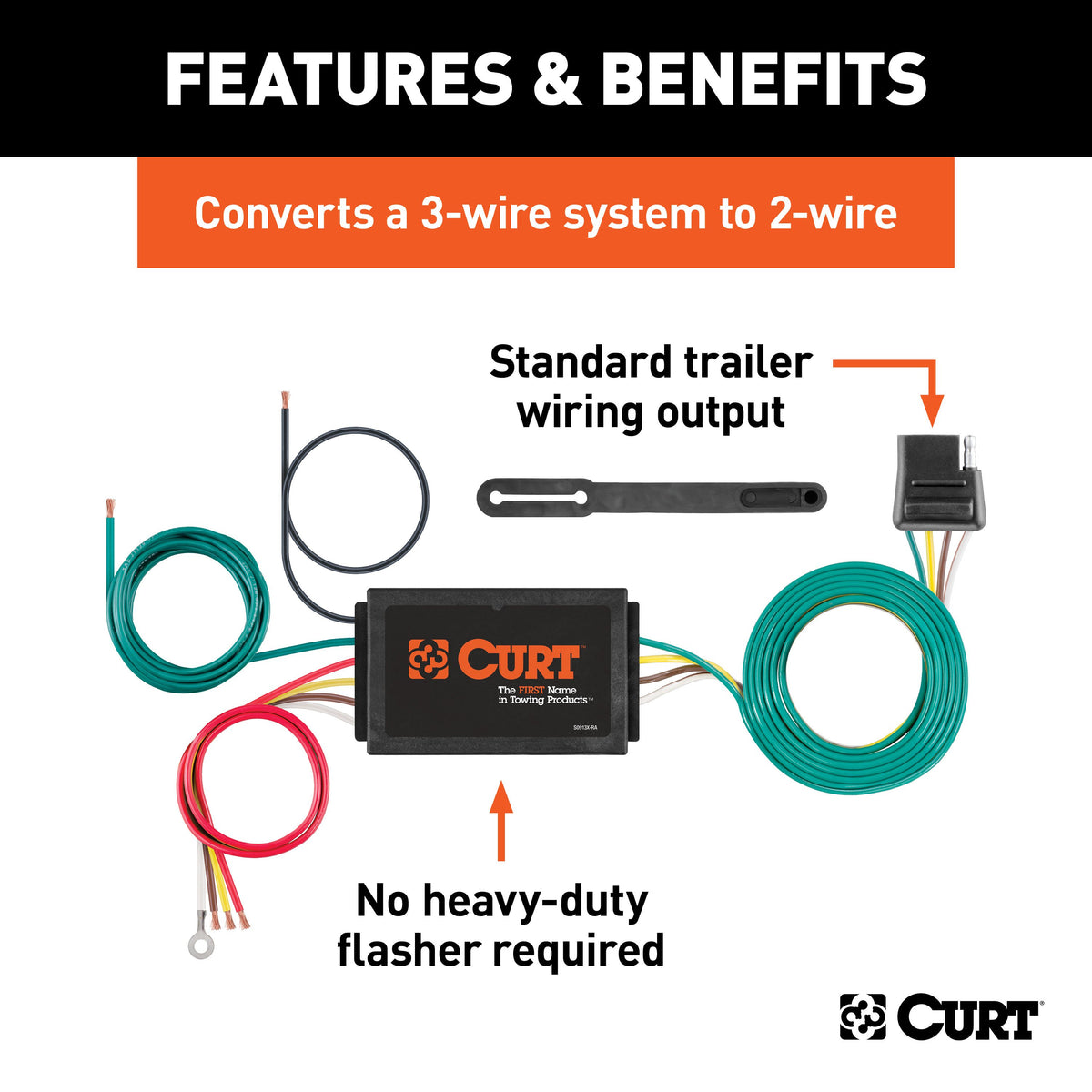 CURT 56190 Powered 3-to-2-Wire Splice-in Trailer Tail Light Converter, 4-Pin Wiring Harness