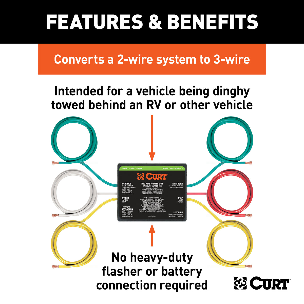 CURT 56196 2-to-3-Wire Splice-in Trailer Tail Light Converter for RV Dinghy Towing