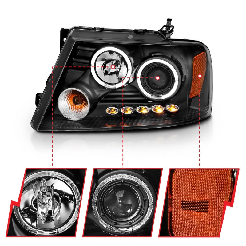 ANZO 2004-2008 Ford F-150 Projector Headlights w/ Halo and LED Black G2 - 111204