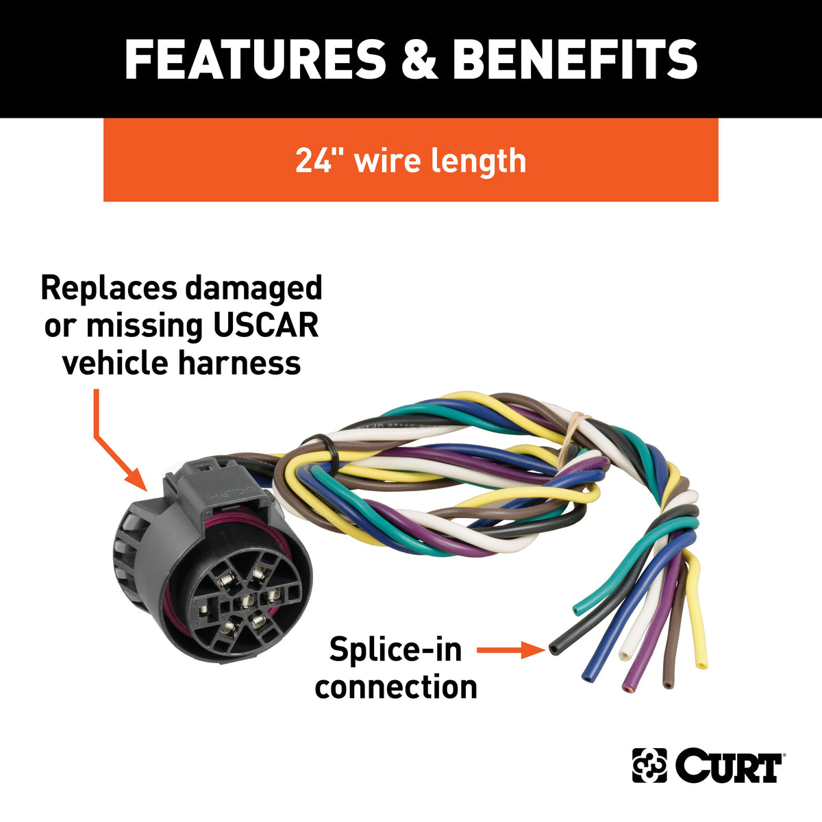 CURT 56229 Replacement USCAR Connector Wiring Harness, 24-Inch Wires, 7 Pin Trailer Wiring