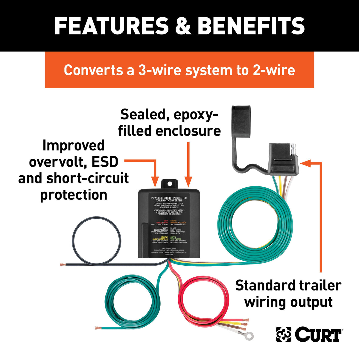 CURT 56496 Weather-Resistant Powered 3-to-2-Wire Splice-in Trailer Tail Light Converter, 4-Pin Wiring Harness