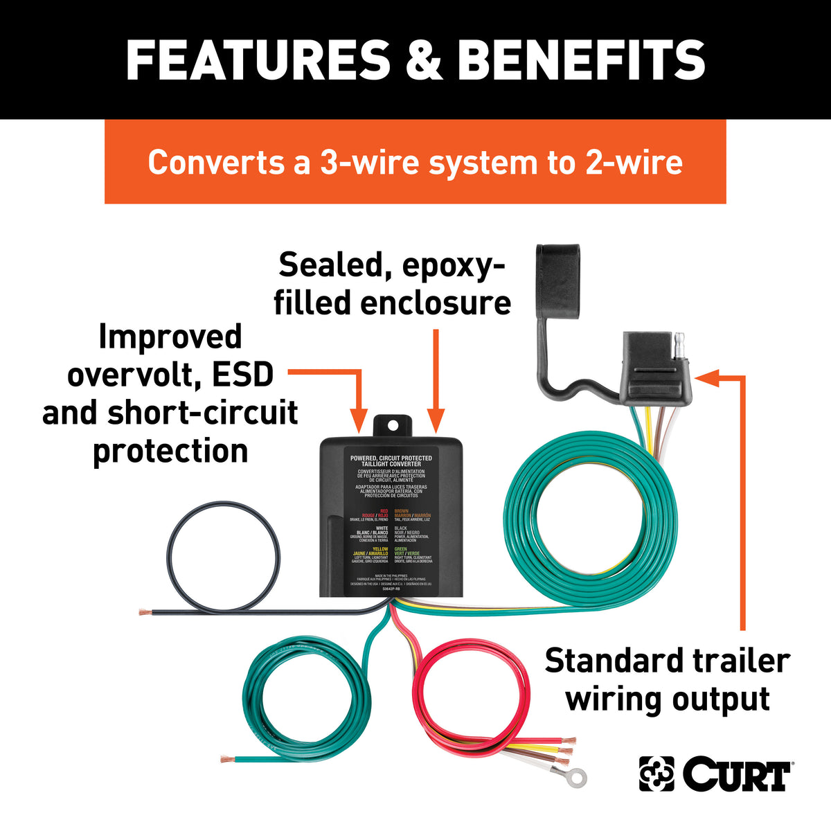 CURT 56497 Weather-Resistant Powered 3-to-2-Wire Splice-in Trailer Tail Light Converters, 4-Pin Wiring Harness, 30-Pack