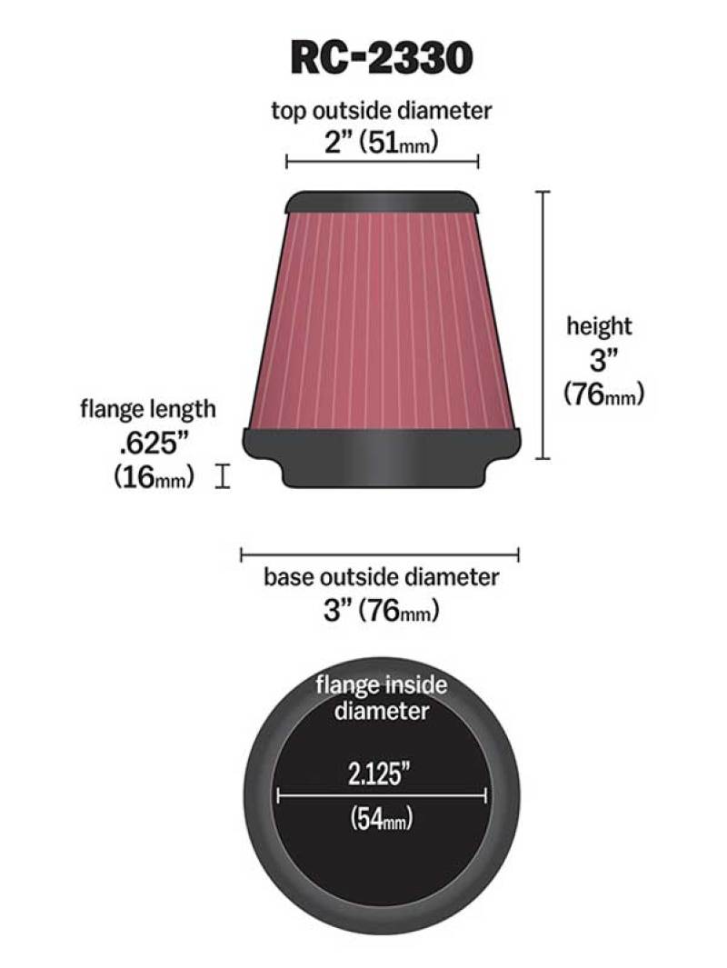 K&amp;N Universal Chrome Filter 2 1/8 inch FLG / 3 inch Bottom / 2 inch Top / 3 inch Height - RC-2330