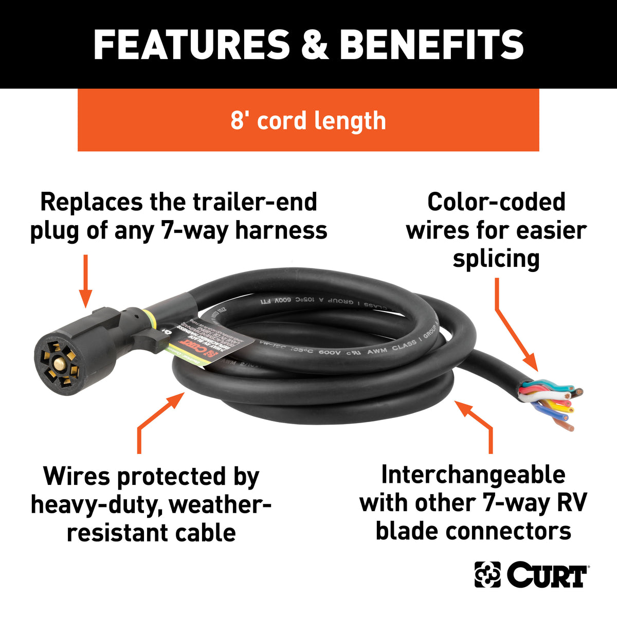 CURT 56602 Replacement 7-Pin RV Blade Trailer Wiring Harness Plug, 8-Foot Blunt-Cut Wires
