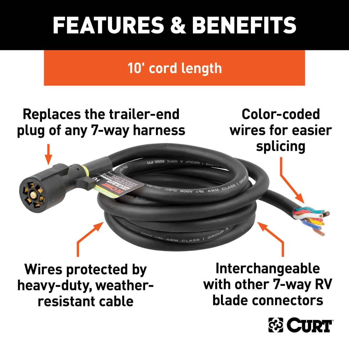 CURT 56603 Replacement 7-Pin RV Blade Trailer Wiring Harness Plug, 10-Foot Blunt-Cut Wires