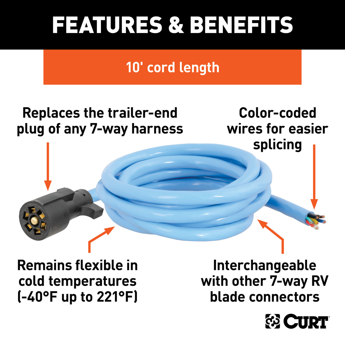 CURT 56613 Extreme Temperature, Cold Weather 7-Pin RV Blade Trailer Wiring Harness Plug, 10-Foot Blunt-Cut Wires, -40F to 221F Degree Rating