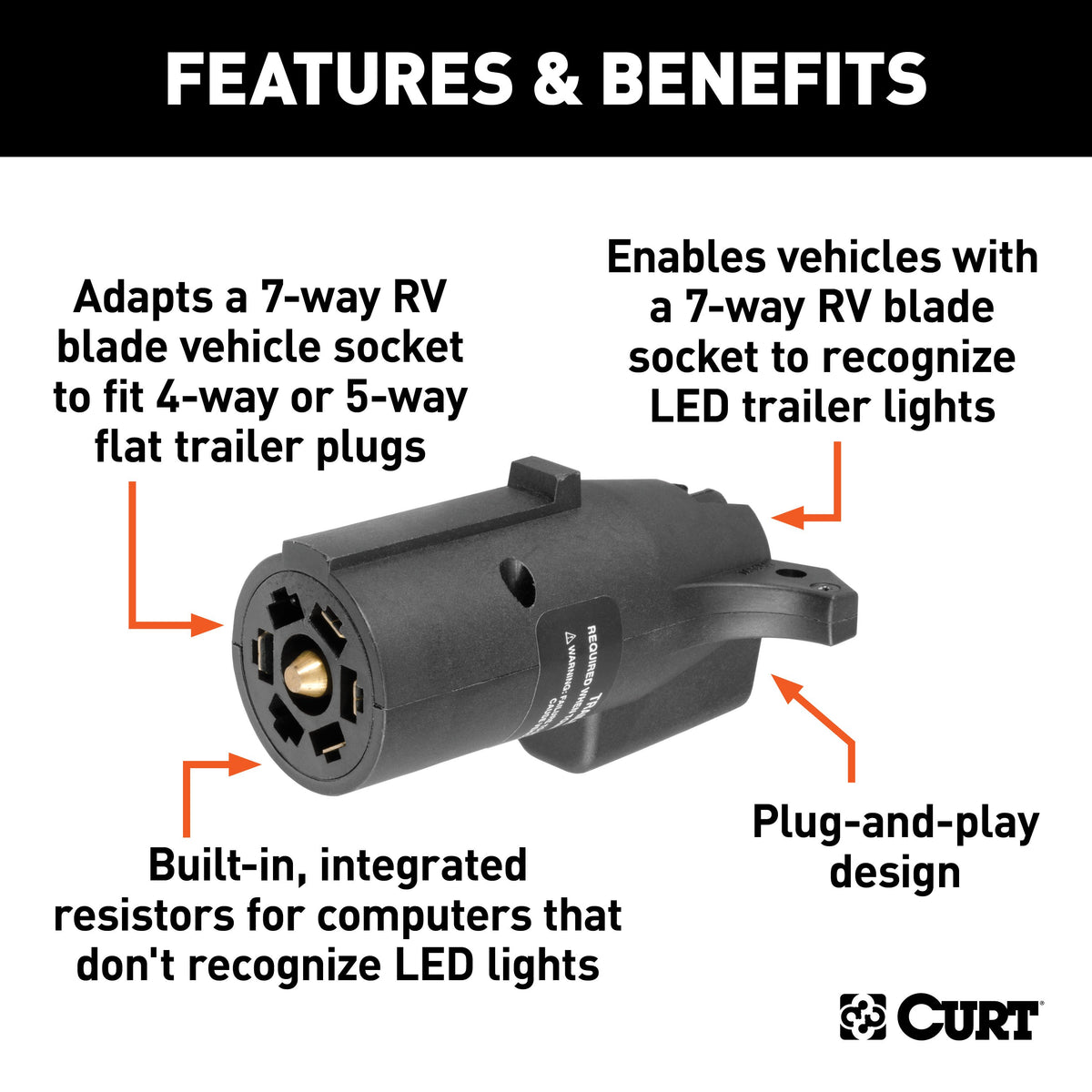 CURT 57004 LED-Compatible 7-Way RV Blade Vehicle-Side to 4-Way Flat Trailer-Side Trailer Wiring Adapter