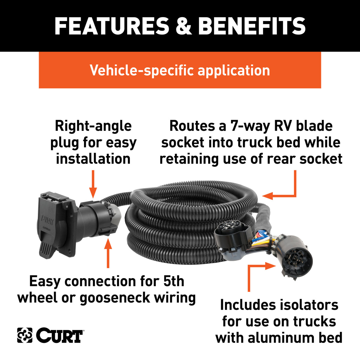 CURT 57010 10-Foot Vehicle-Side Truck Bed 7-Pin Trailer Wiring Harness Extension, Select Ford F-150, F-250, F-350 Super Duty