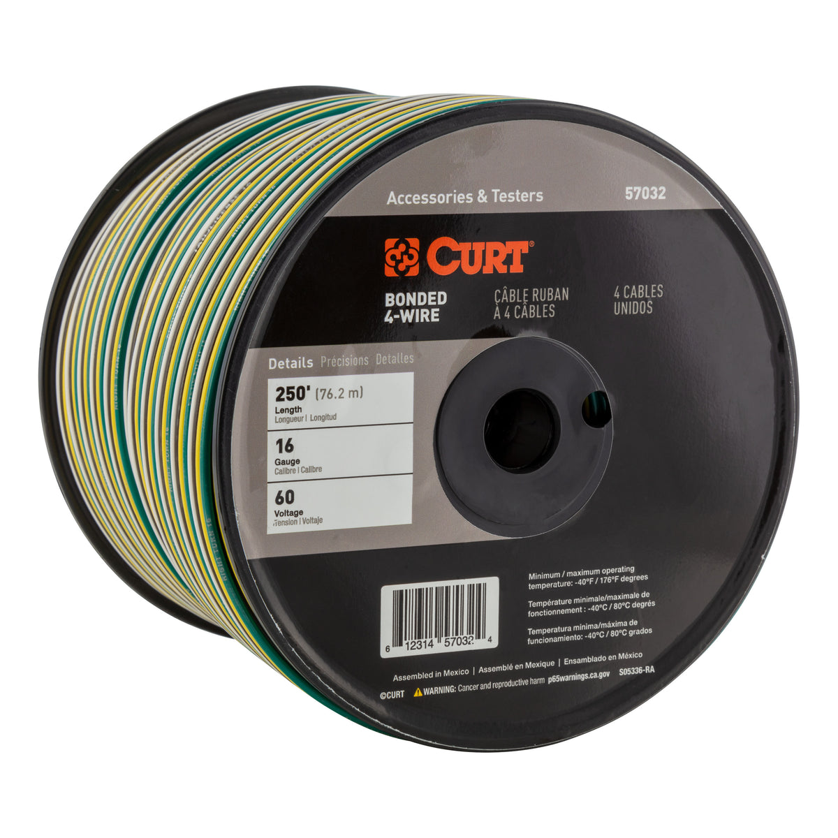 CURT 57032 Automotive Primary Wire, 4-Bond White, Brown, Yellow, Green 250-Foot Trailer Wiring Spool, 4-Way Flat, 60-Volt, 16-Gauge