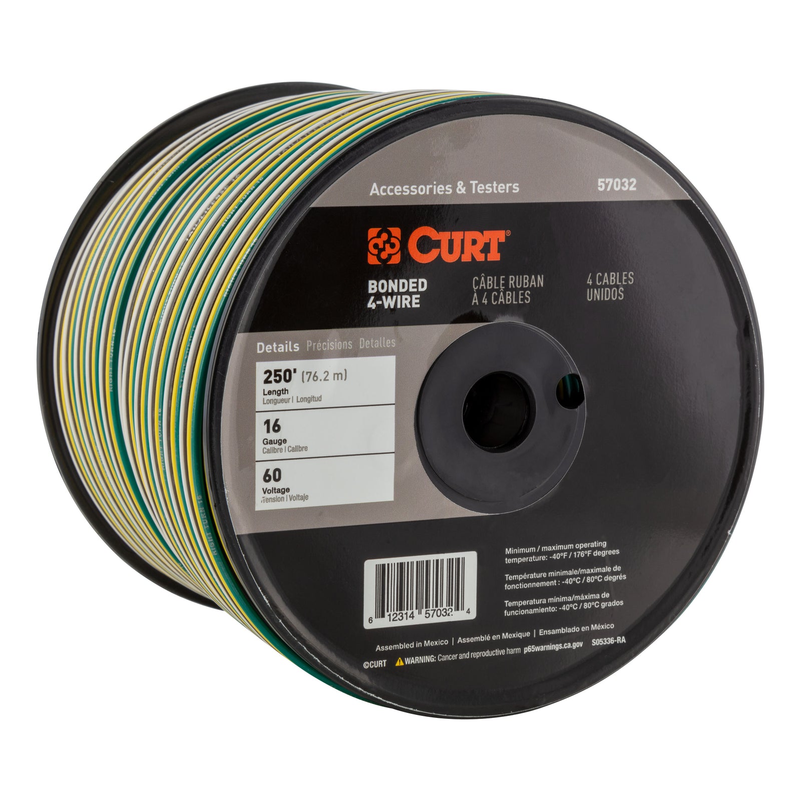 CURT 57032 Automotive Primary Wire, 4-Bond White, Brown, Yellow, Green 250-Foot Trailer Wiring Spool, 4-Way Flat, 60-Volt, 16-Gauge