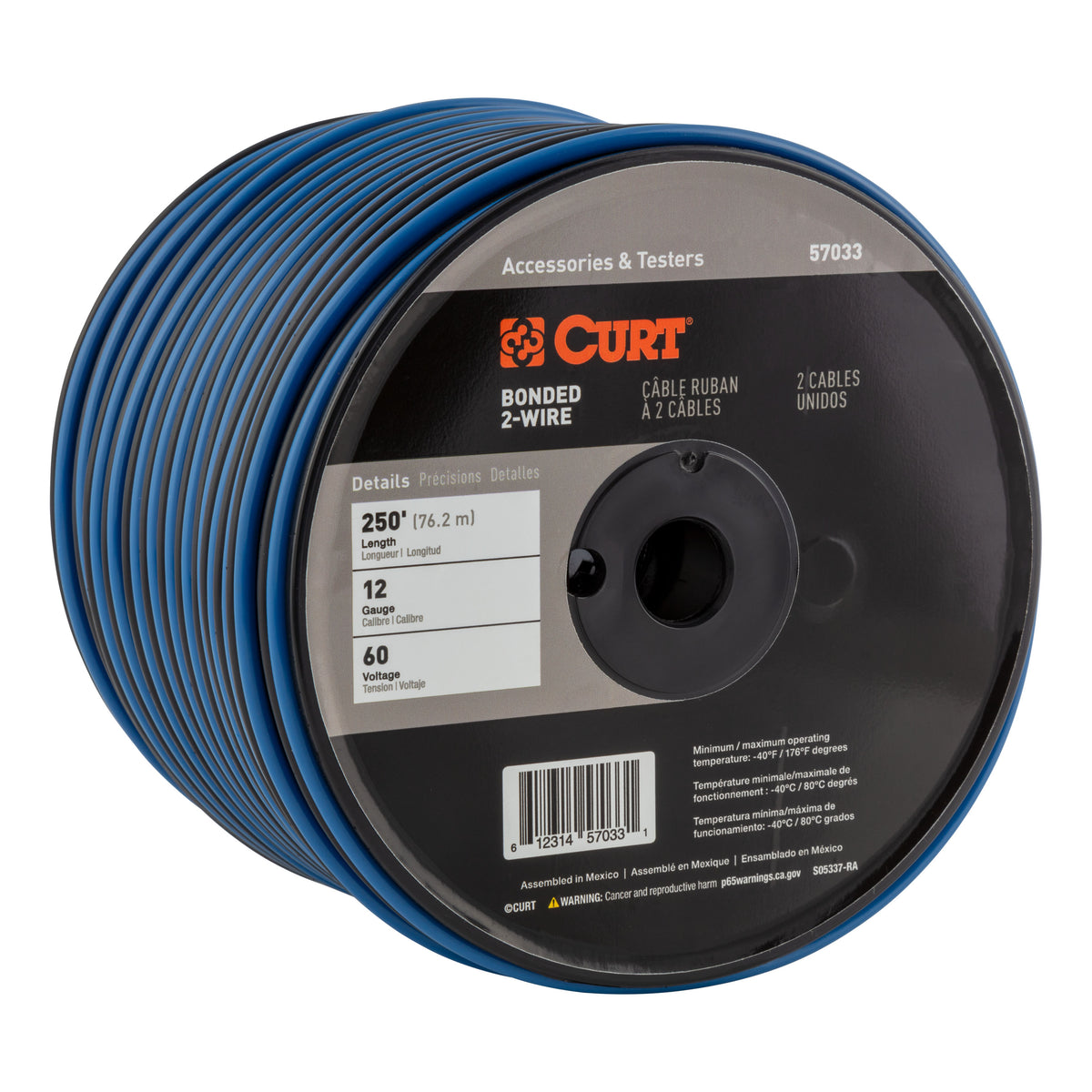 CURT 57033 Automotive Primary Wire, 2-Bond Black, Blue 250-Foot Trailer Wiring Spool, 60-Volt, 12-Gauge