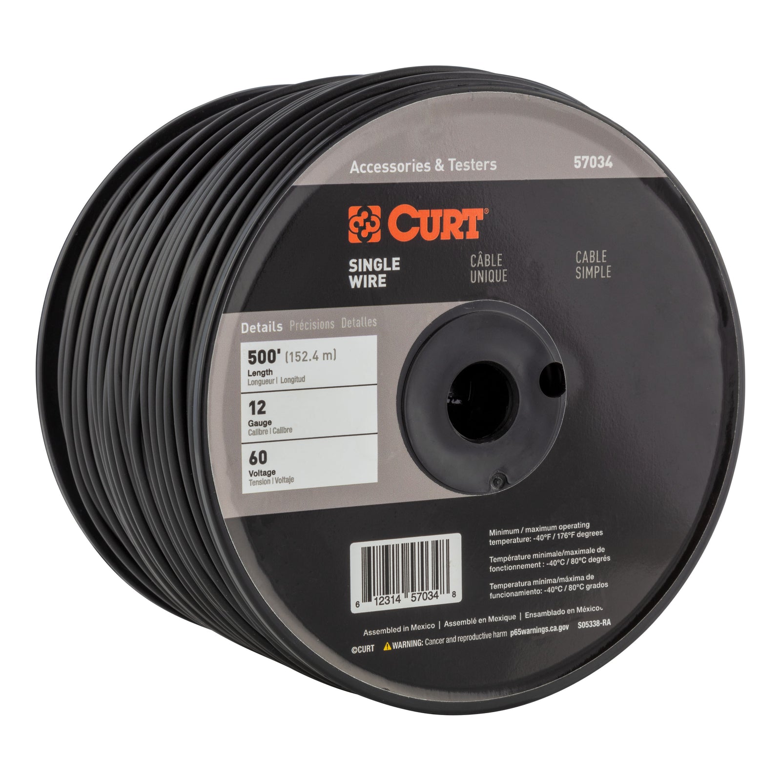 CURT 57034 Automotive Primary Wire, Black 500-Foot Trailer Wiring Spool, 60-Volt, 12-Gauge