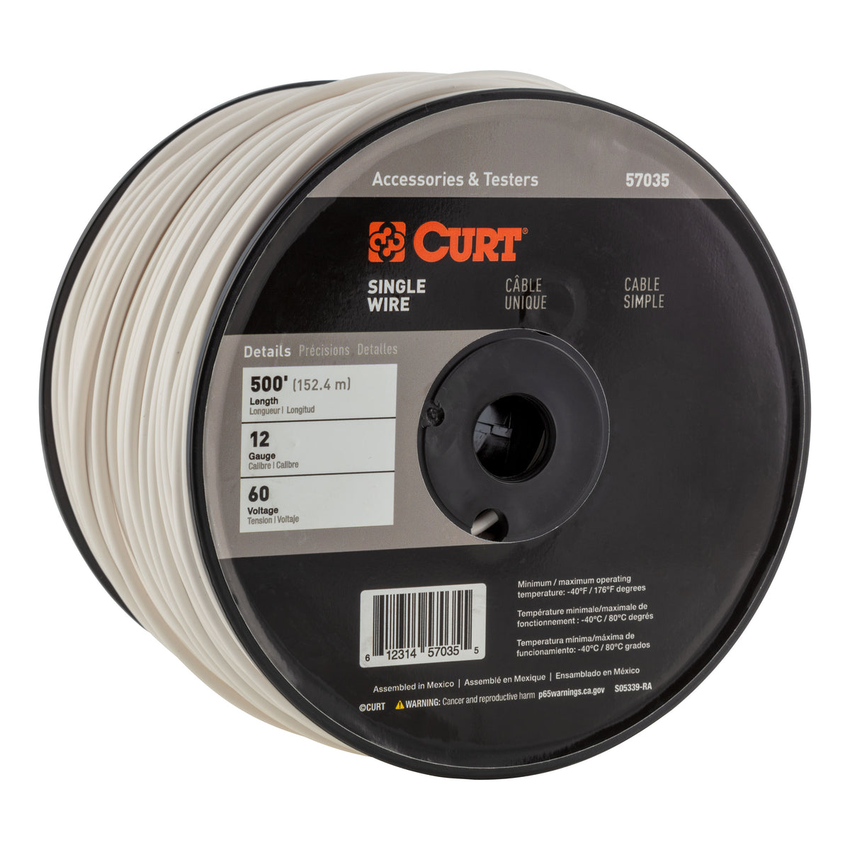 CURT 57035 Automotive Primary Wire, White 500-Foot Trailer Wiring Spool, 60-Volt, 12-Gauge