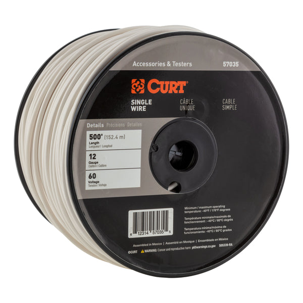 CURT 57035 Automotive Primary Wire, White 500-Foot Trailer Wiring Spool, 60-Volt, 12-Gauge