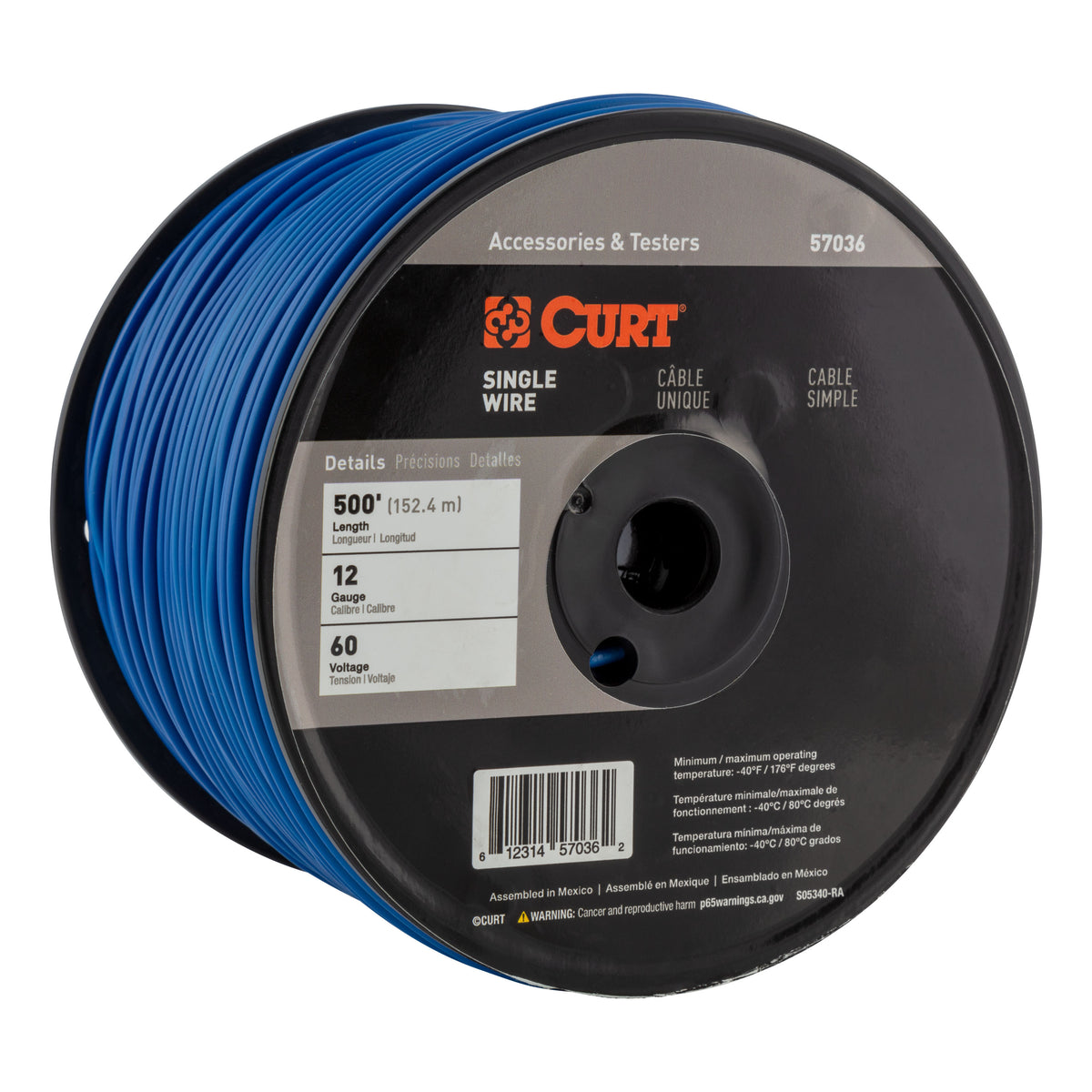CURT 57036 Automotive Primary Wire, Blue 500-Foot Trailer Wiring Spool, 60-Volt, 12-Gauge