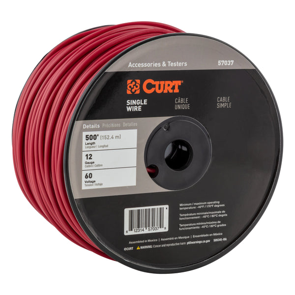 CURT 57037 Automotive Primary Wire, Red 500-Foot Trailer Wiring Spool, 60-Volt, 12-Gauge