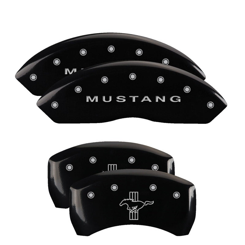 MGP 4 Caliper Covers Engraved Front Mustang Engraved Rear Bar &amp; Pony Black finish silver ch - 10198SMBPBK
